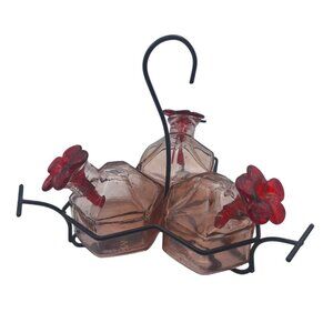 Parasol Triple Hummingbird Feeder Pink Glass Metal Holder Hanging Vintage Flower
